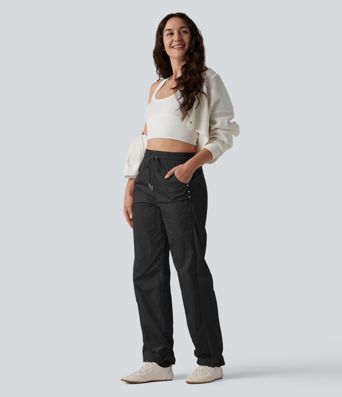 High Waisted Drawstring Studded Straight Leg Casual Pants with Pockets