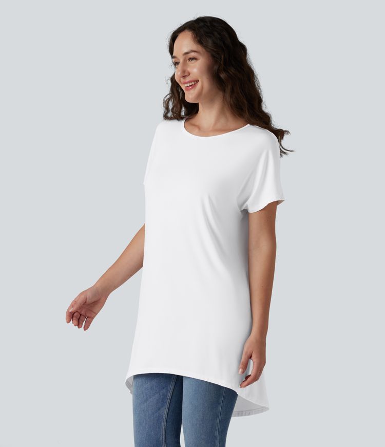 T-shirt décontracté à manches courtes et col bateau, coupe asymétrique, avec poches