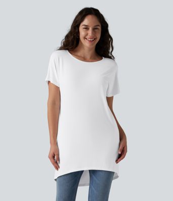 T-shirt décontracté à manches courtes et col bateau, coupe asymétrique, avec poches