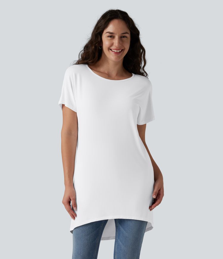 T-shirt décontracté à manches courtes et col bateau, coupe asymétrique, avec poches
