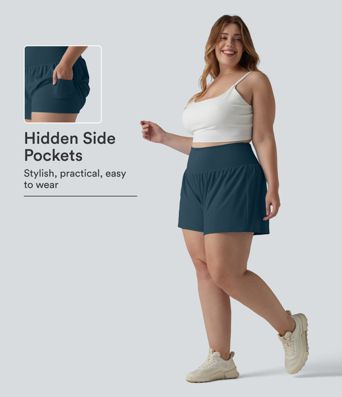 Pantalón corto de yoga 2 en 1 con bolsillo trasero de talle muy alto y bolsillo lateral oculto de longitud más larga de 5 pulgadas