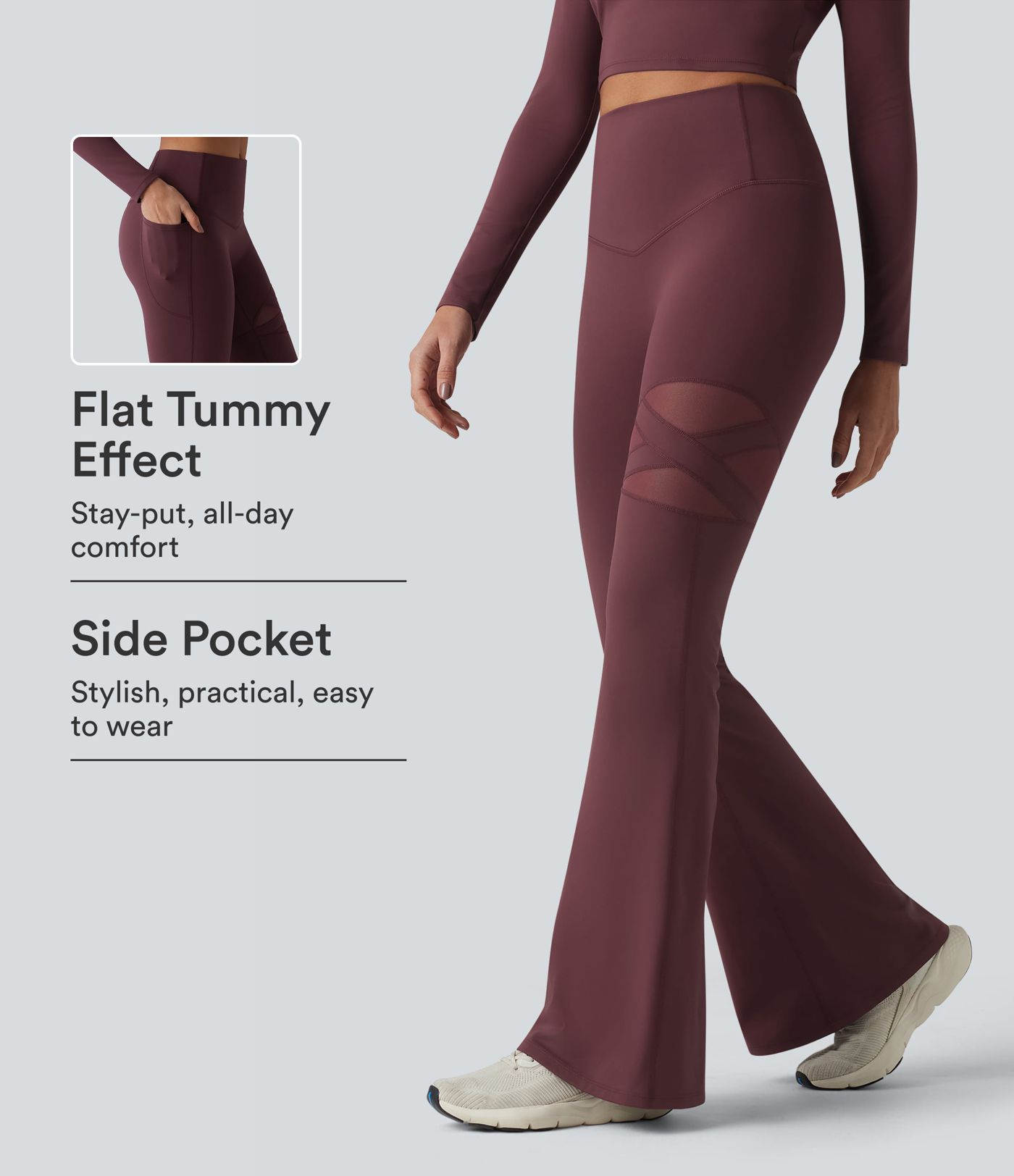 Leggings casual de cintura alta con control del abdomen, malla transpirable, pernera acampanada y bolsillo Leggings casual de cintura alta con control del abdomen, malla transpirable, pernera acampanada y bolsillo
