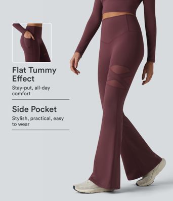 Leggings casual de cintura alta con control del abdomen, malla transpirable, pernera acampanada y bolsillo Leggings casual de cintura alta con control del abdomen, malla transpirable, pernera acampanada y bolsillo
