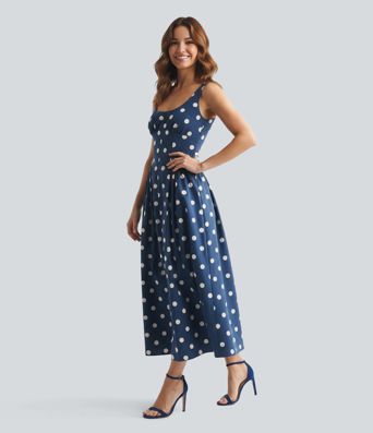 U-Neck Sleeveless Polka Dot Maxi Party Dress