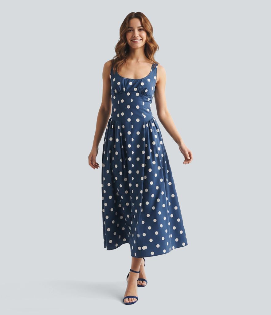 U-Neck Sleeveless Polka Dot Maxi Party Dress