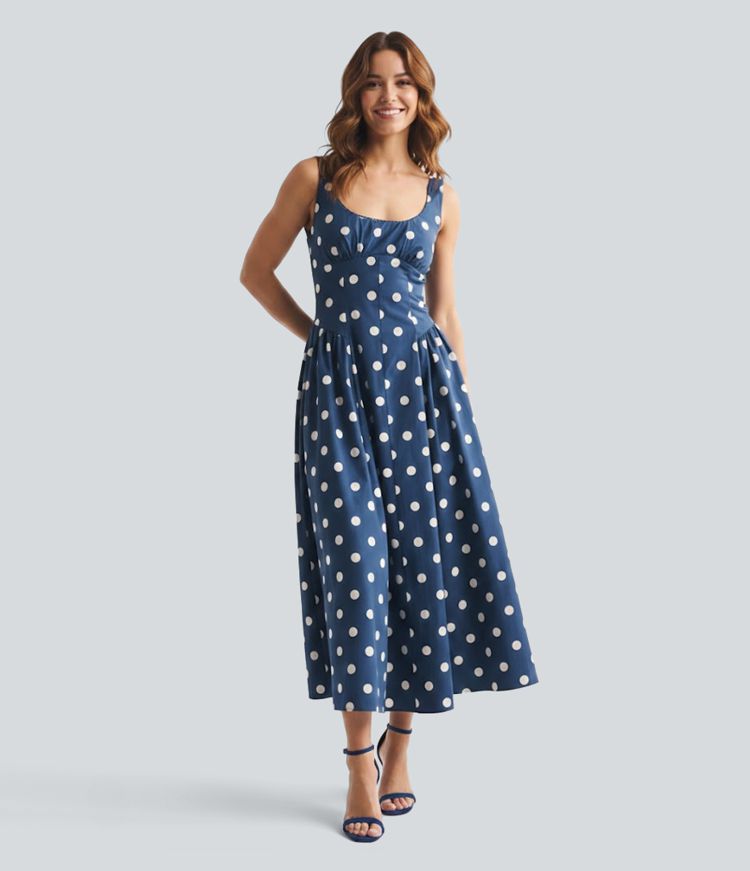 U-Neck Sleeveless Polka Dot Maxi Party Dress
