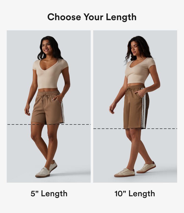 Lässige Baggyy-Shorts mit mittelhohem Bund, mehreren Taschen, Kordelzug, Leopardenmuster, Streifen und Farbblock - 25,4 cm