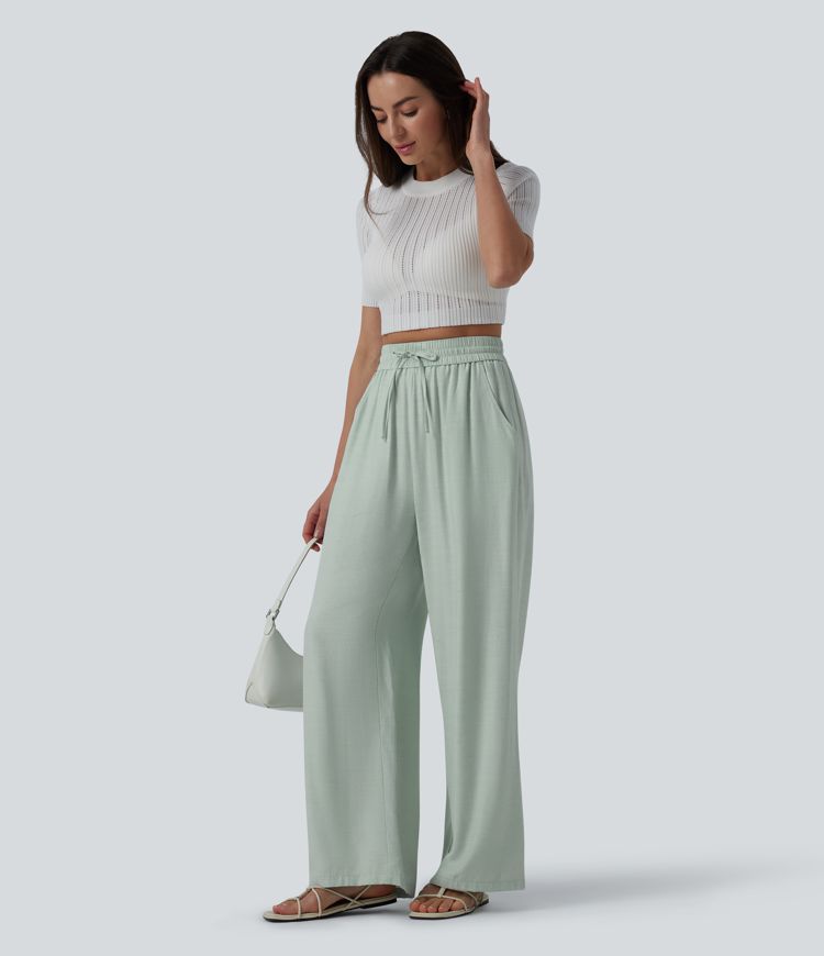High Waisted Drawstring Wide Leg Casual Linen-Blend Pants with Pockets