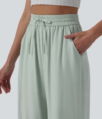 High Waisted Drawstring Wide Leg Casual Linen-Blend Pants with Pockets
