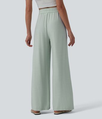 High Waisted Drawstring Wide Leg Casual Linen-Blend Pants with Pockets