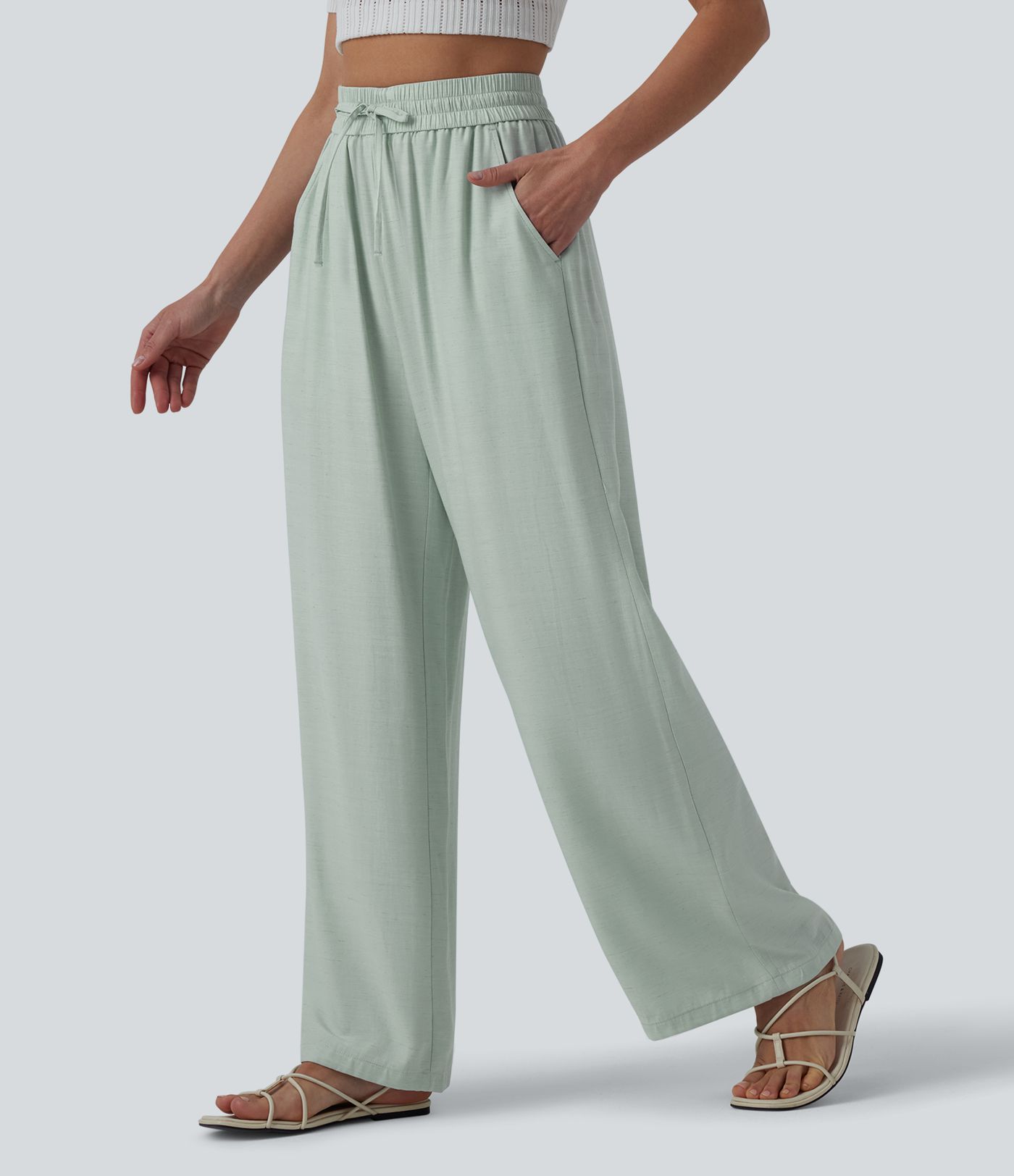 High Waisted Drawstring Wide Leg Casual Linen-Blend Pants with Pockets