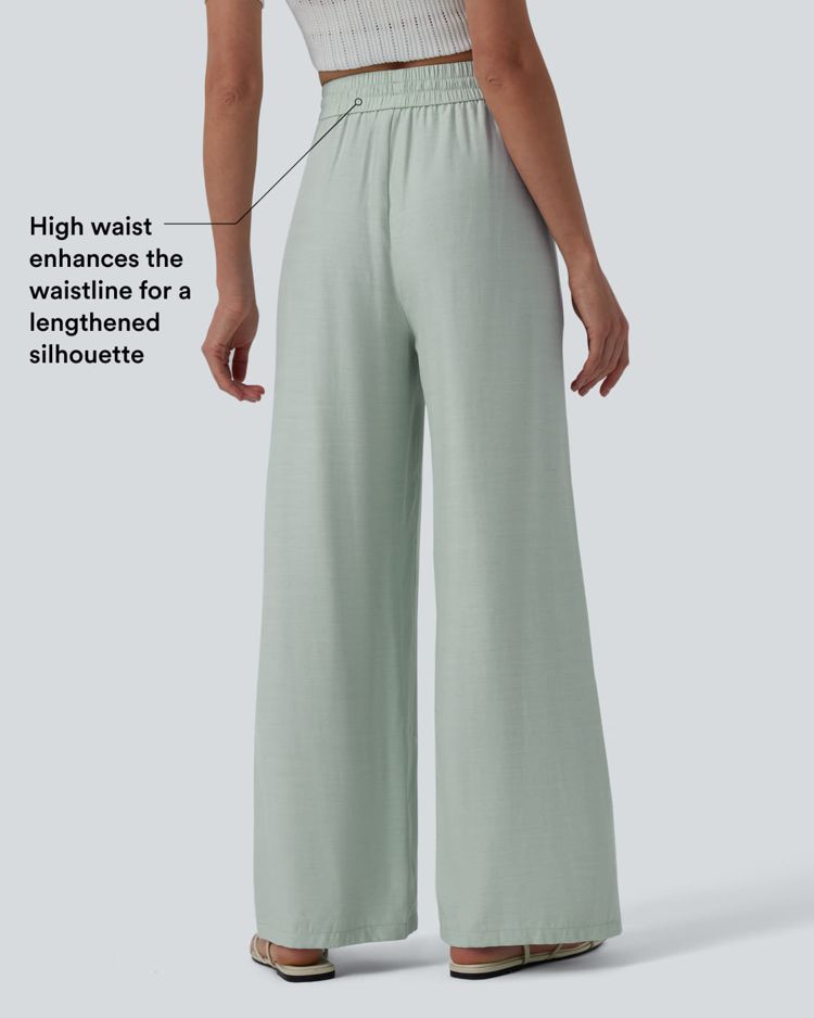 High Waisted Drawstring Wide Leg Casual Linen-Blend Pants with Pockets