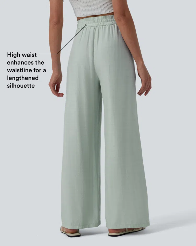 Seafoam Pantalones casual de talle alto con cordón, pernera ancha, en mezcla de lino y con bolsillos / 2