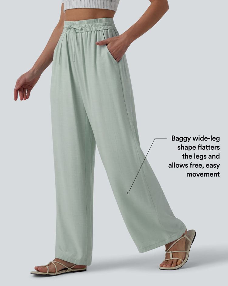 High Waisted Drawstring Wide Leg Casual Linen-Blend Pants with Pockets
