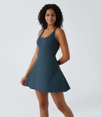 Rückenfreies, 2-in-1-Mini-Barre-Ballett-Tanzkleid mit Rundhalsausschnitt-längere Länge