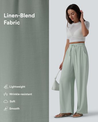High Waisted Drawstring Wide Leg Casual Linen-Blend Pants with Pockets