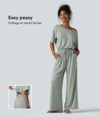 Combinaison ample à manches courtes et col bateau, cordon de serrage et poches - Édition Easy Peezy