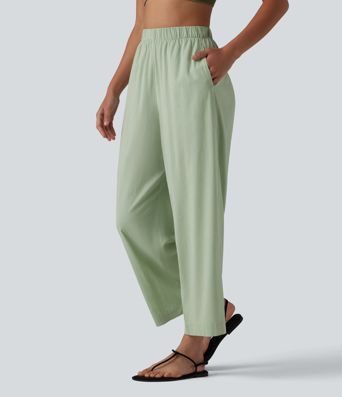 Lässige 7/8-Hose aus Leinen mit hohem Bund, Seitentaschen und geradem Bein