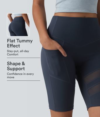 DayStretch - Lässige Biker-Shorts mit hohem Bund, Seitentasche, Bauchkontrolle und Kontrast-Mesh - Po-Lifting, 24,1 cm