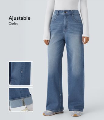 Jean décontracté Halara Flex™ taille haute jambes larges avec poches multiples et ourlet ajustable, en maille extensible effet délavé
