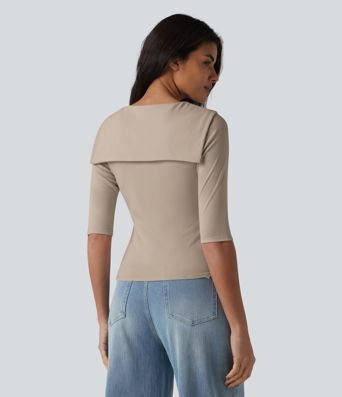 Haut décontracté 2 en 1 en lyocell à col V, manches mi-longues et nœud