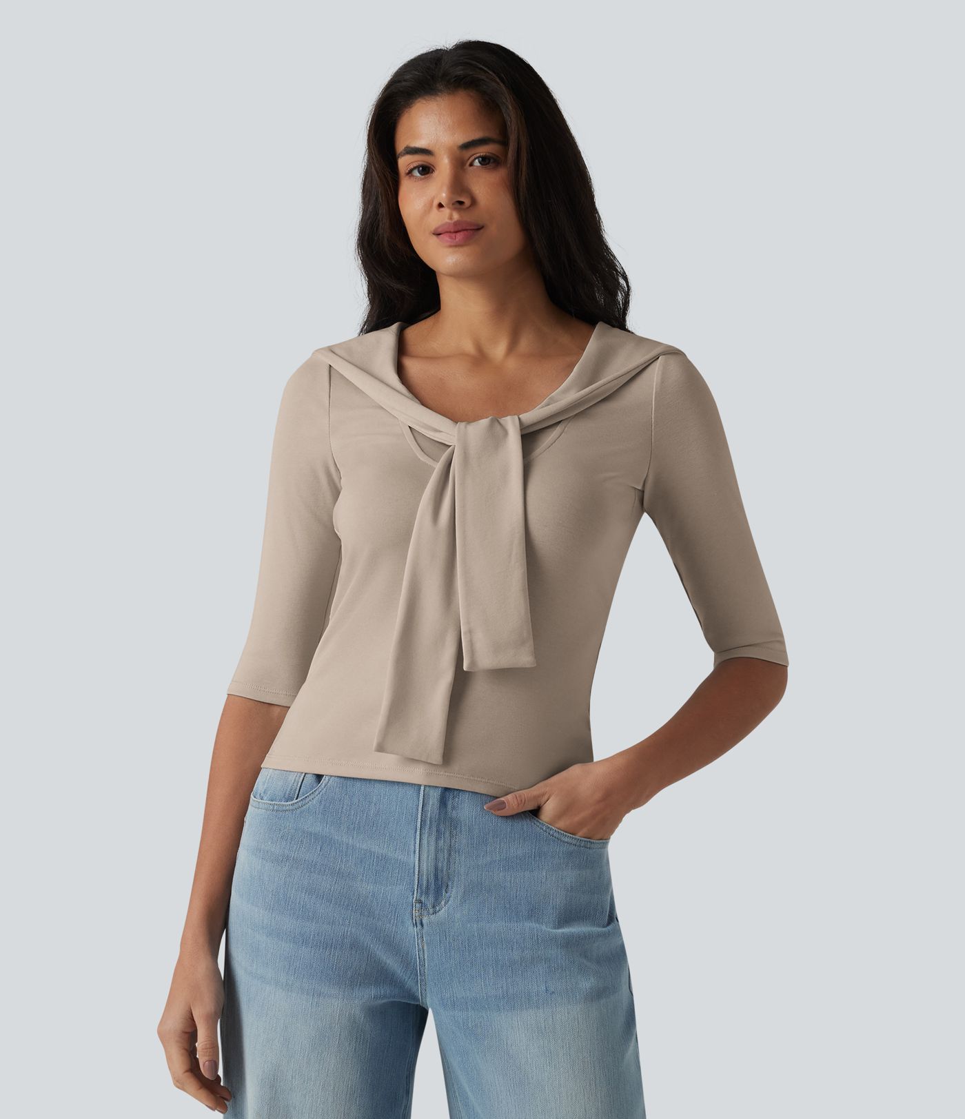 Haut décontracté 2 en 1 en lyocell à col V, manches mi-longues et nœud