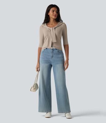 Haut décontracté 2 en 1 en lyocell à col V, manches mi-longues et nœud