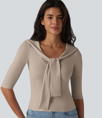 Haut décontracté 2 en 1 en lyocell à col V, manches mi-longues et nœud