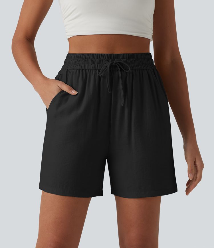 High Waisted Drawstring Casual Linen-Blend Baggy Shorts 5'' with Pockets High Waisted Drawstring Casual Linen-Blend Baggy Shorts 5'' with Pockets