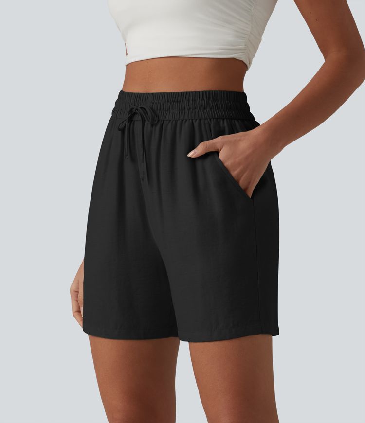 High Waisted Drawstring Casual Linen-Blend Baggy Shorts 5'' with Pockets High Waisted Drawstring Casual Linen-Blend Baggy Shorts 5'' with Pockets