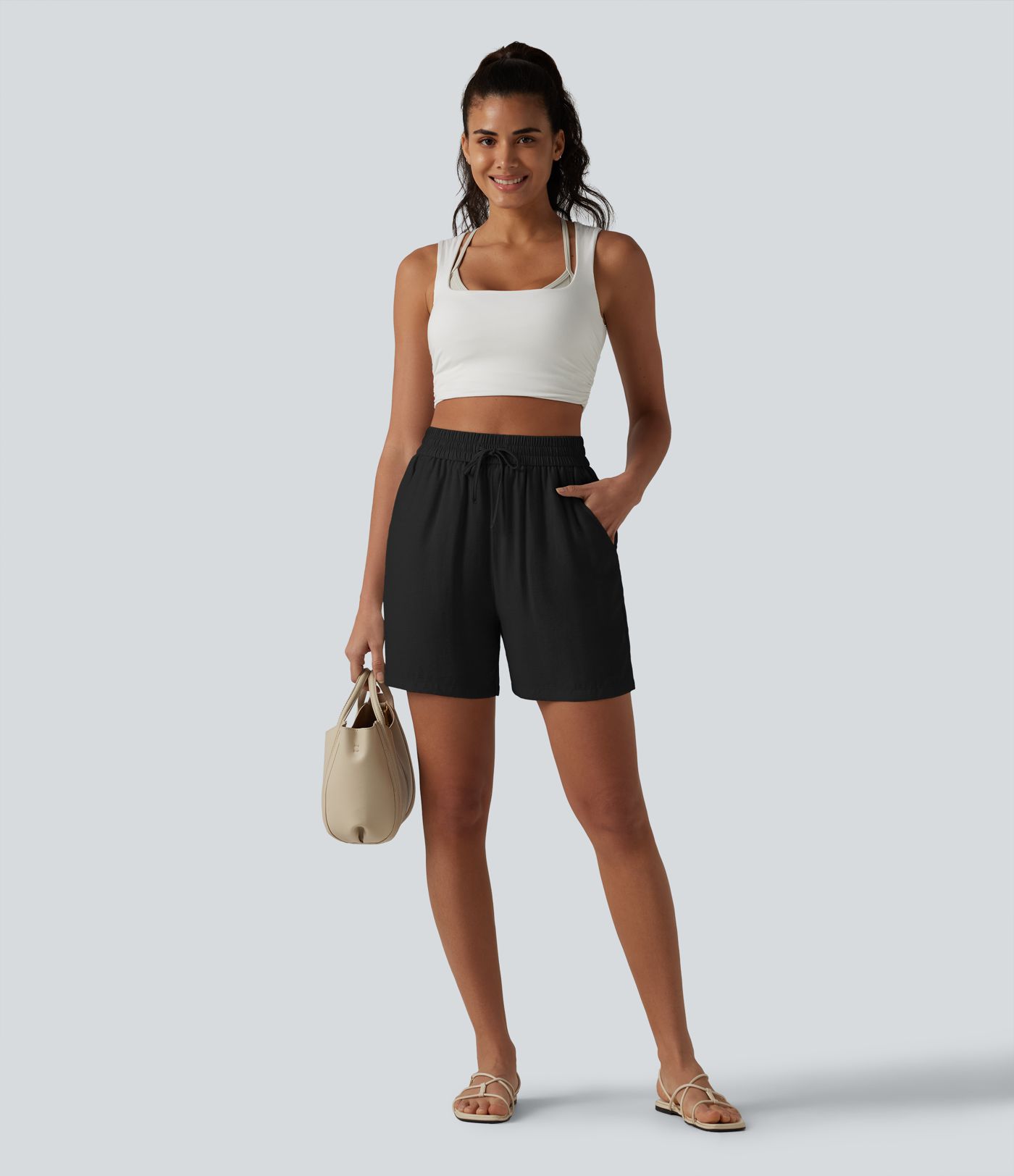 High Waisted Drawstring Casual Linen-Blend Baggy Shorts 5'' with Pockets High Waisted Drawstring Casual Linen-Blend Baggy Shorts 5'' with Pockets