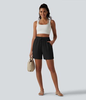 High Waisted Drawstring Casual Linen-Blend Baggy Shorts 5'' with Pockets High Waisted Drawstring Casual Linen-Blend Baggy Shorts 5'' with Pockets