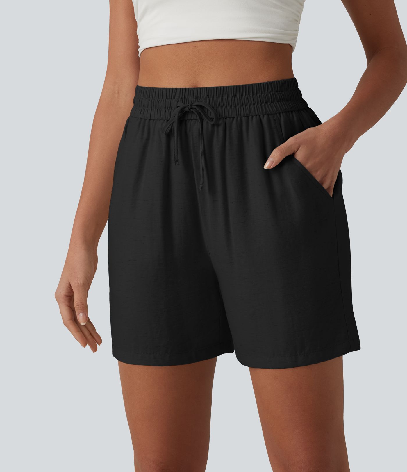 High Waisted Drawstring Casual Linen-Blend Baggy Shorts 5'' with Pockets High Waisted Drawstring Casual Linen-Blend Baggy Shorts 5'' with Pockets