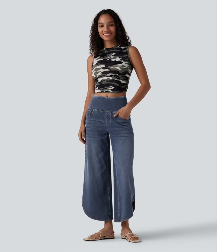 Halara Flex™ High Waisted Tummy Control Curved Hem Casual 7/8 Wide Leg Jeans with Pockets