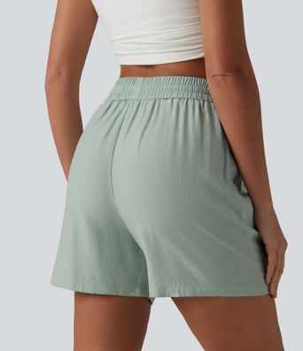High Waisted Drawstring Casual Linen-Blend Baggy Shorts 5'' with Pockets