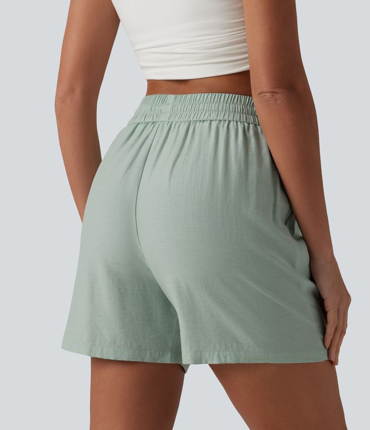 High Waisted Drawstring Casual Linen-Blend Baggy Shorts 5'' with Pockets