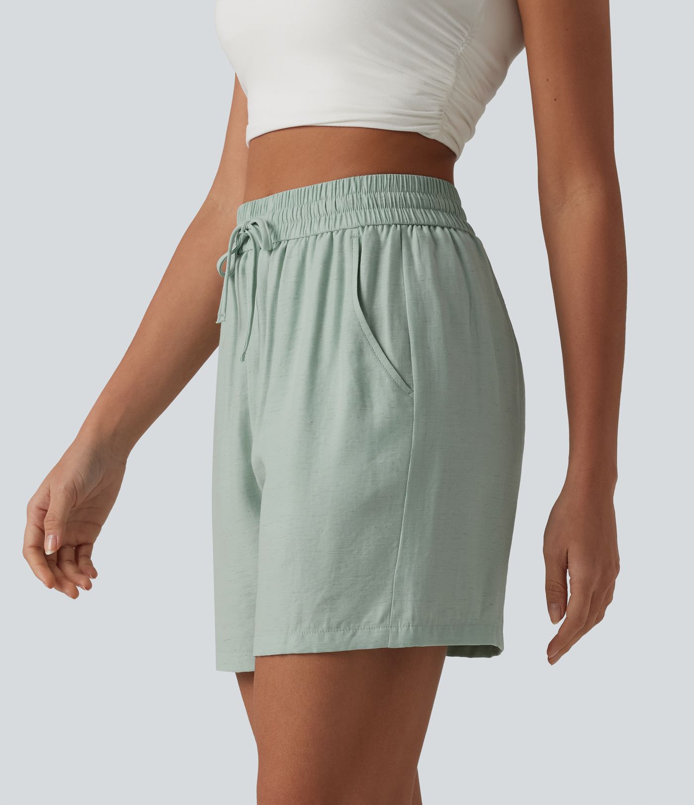High Waisted Drawstring Casual Linen-Blend Baggy Shorts 5'' with Pockets