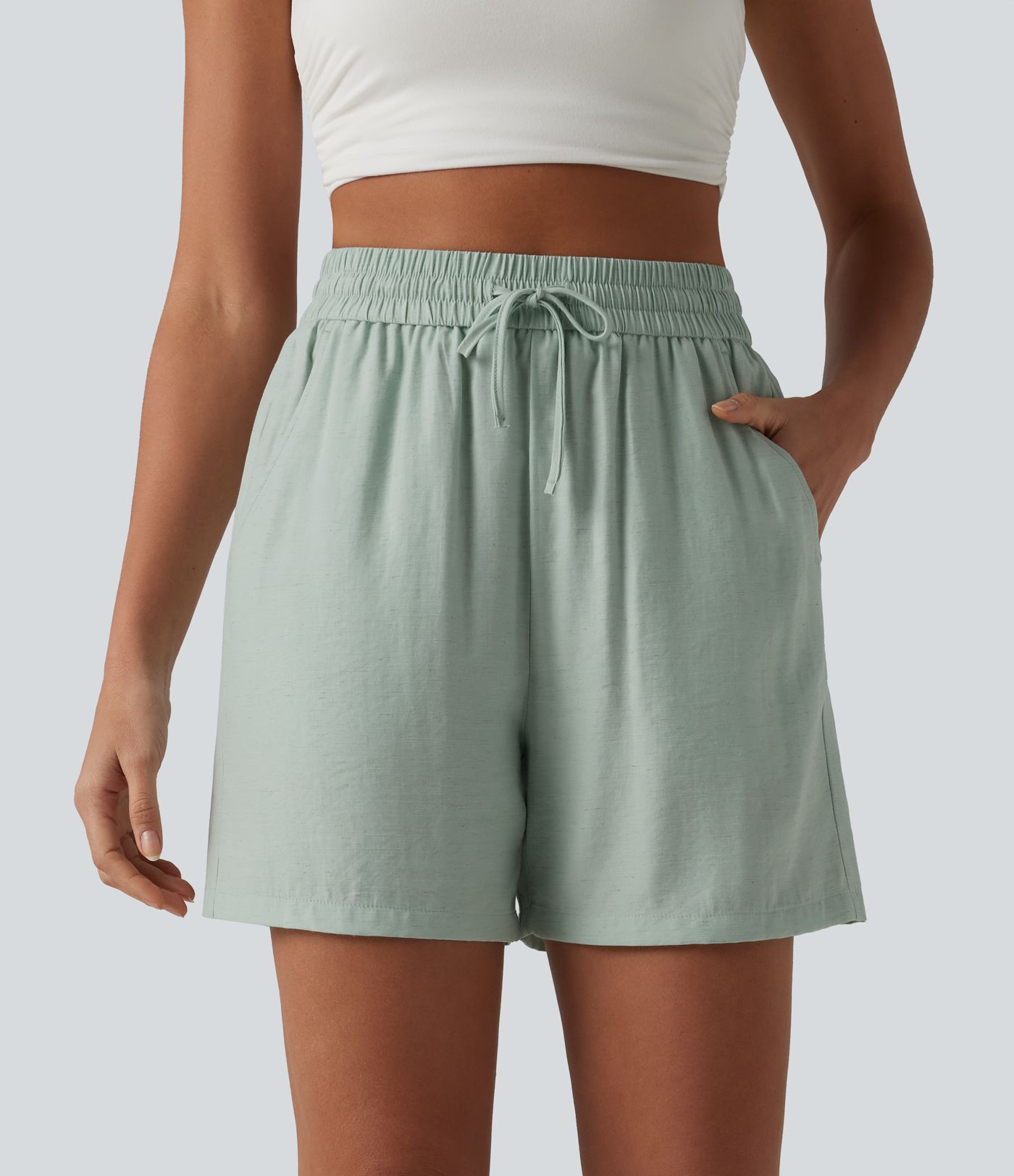 High Waisted Drawstring Casual Linen-Blend Baggy Shorts 5'' with Pockets