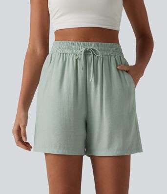 High Waisted Drawstring Casual Linen-Blend Baggy Shorts 5'' with Pockets
