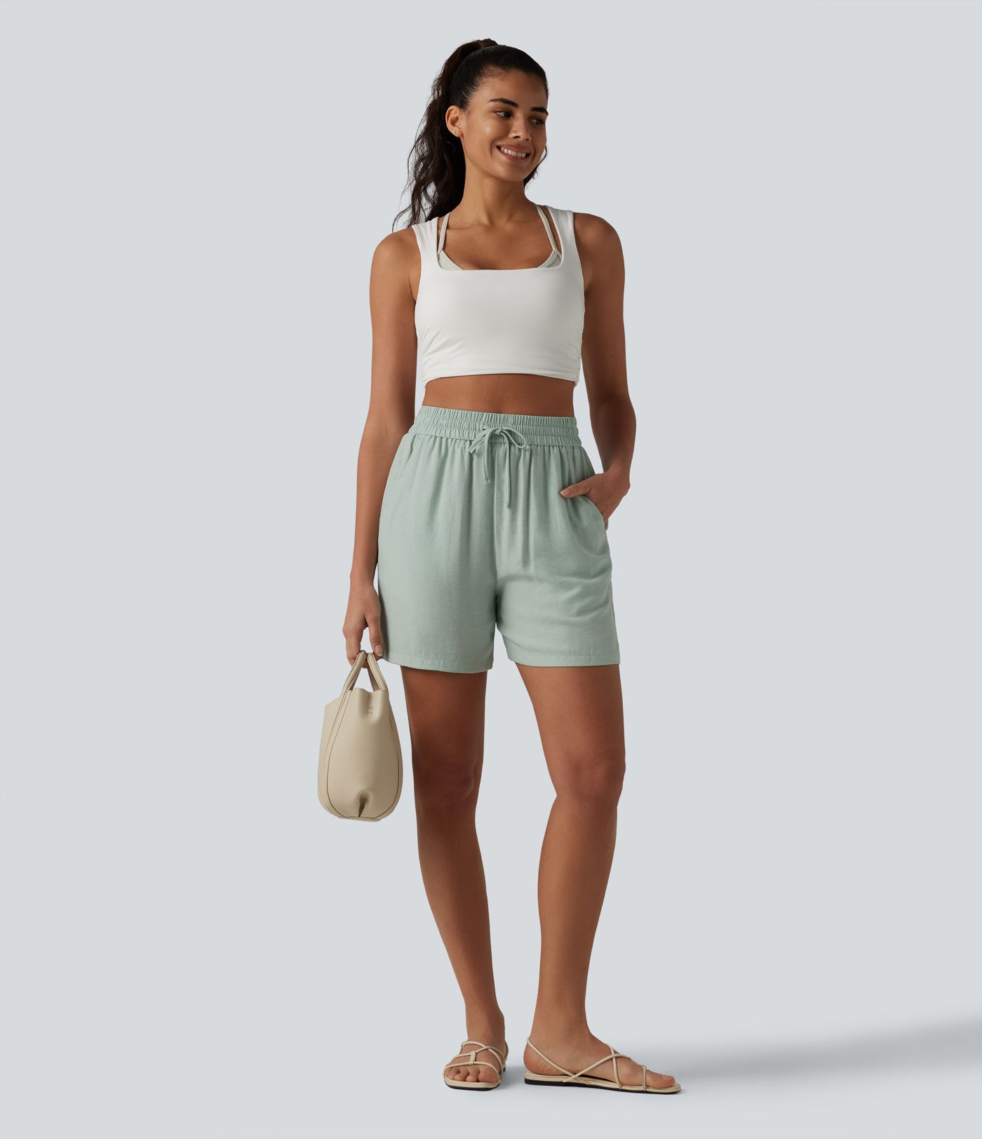 High Waisted Drawstring Casual Linen-Blend Baggy Shorts 5'' with Pockets