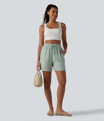 High Waisted Drawstring Casual Linen-Blend Baggy Shorts 5'' with Pockets