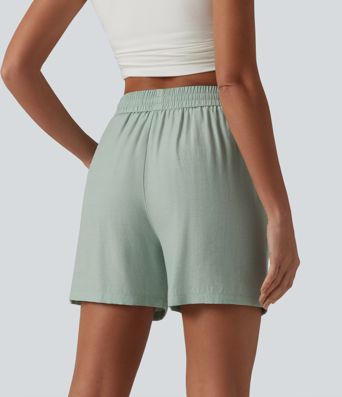 High Waisted Drawstring Casual Linen-Blend Baggy Shorts 5'' with Pockets