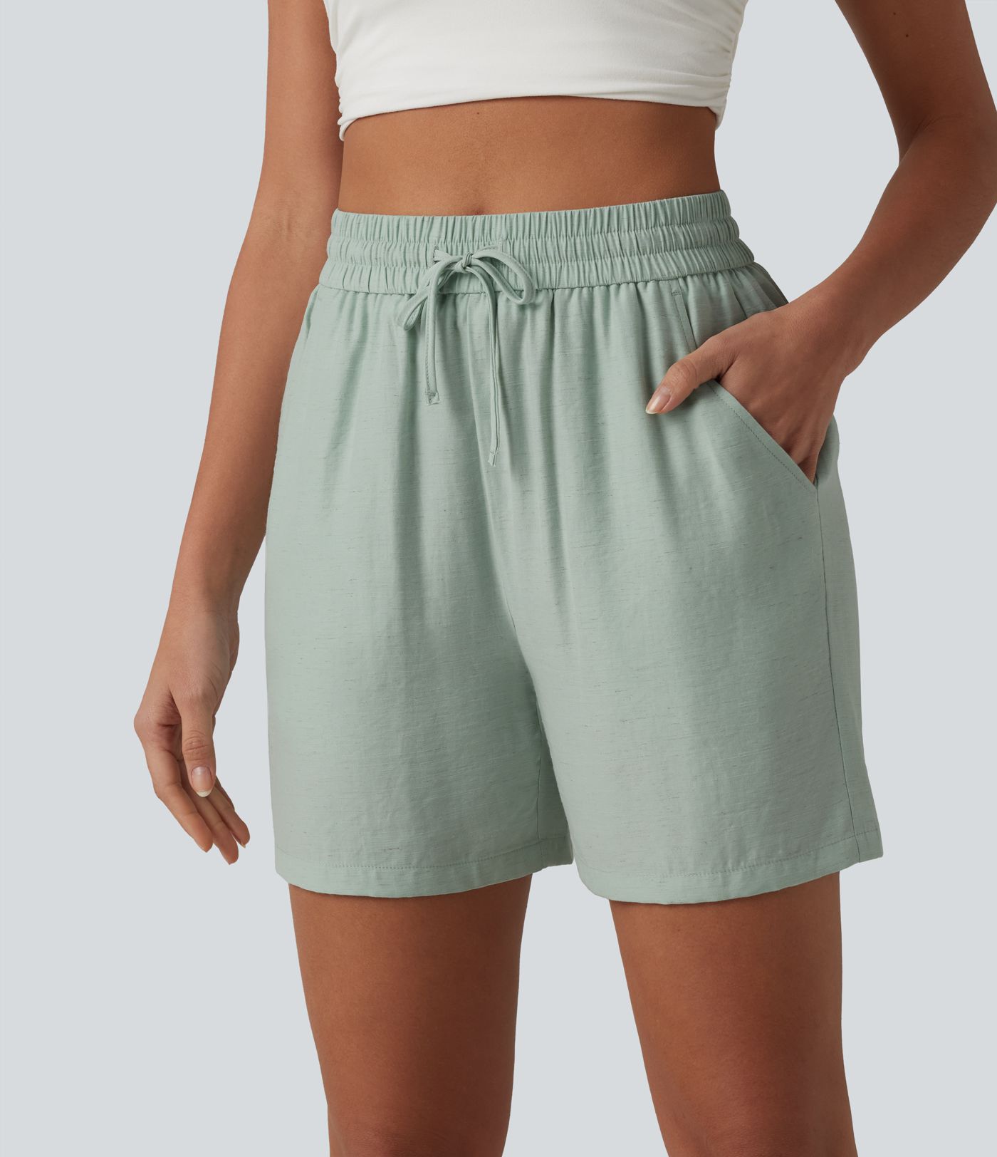 High Waisted Drawstring Casual Linen-Blend Baggy Shorts 5'' with Pockets