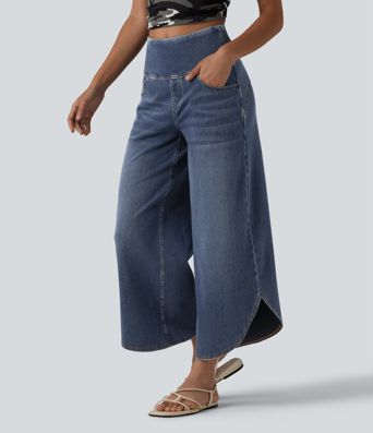 Halara Flex™ High Waisted Tummy Control Curved Hem Casual 7/8 Wide Leg Jeans with Pockets