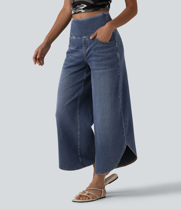 Halara Flex™ High Waisted Tummy Control Curved Hem Casual 7/8 Wide Leg Jeans with Pockets