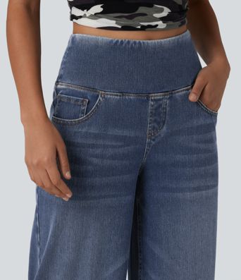 Halara Flex™ High Waisted Tummy Control Curved Hem Casual 7/8 Wide Leg Jeans with Pockets