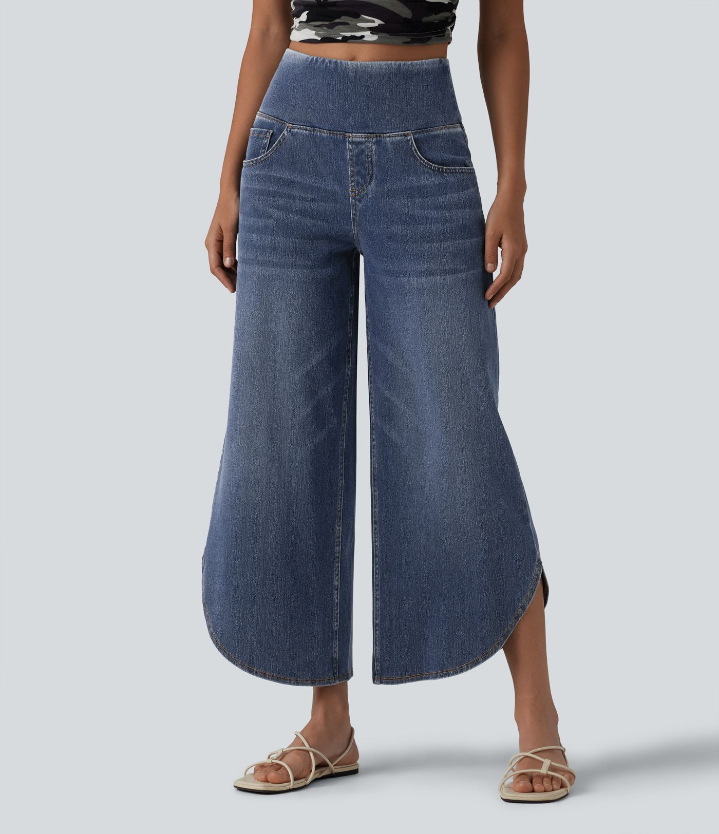 Halara Flex™ High Waisted Tummy Control Curved Hem Casual 7/8 Wide Leg Jeans with Pockets