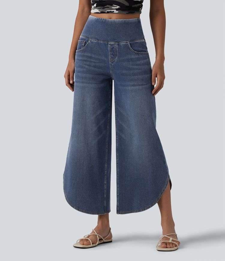Halara Flex™ High Waisted Tummy Control Curved Hem Casual 7/8 Wide Leg Jeans with Pockets
