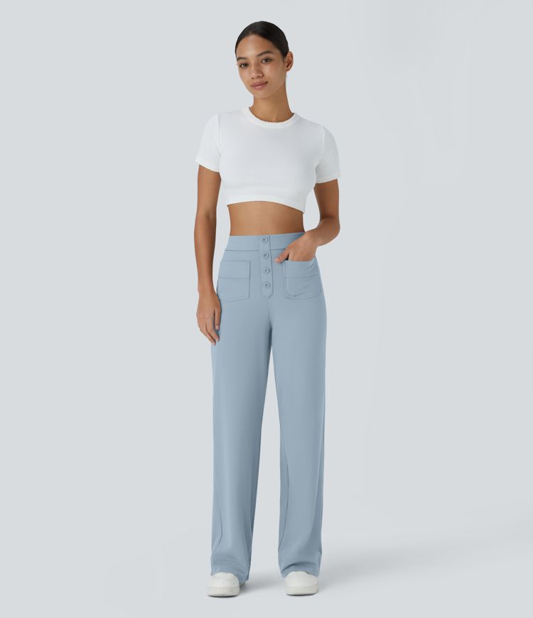 DayStretch High Waisted Pockets Straight Leg Casual Trousers