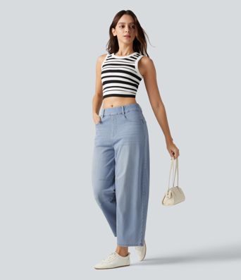 Halara Flex™ Mid Rise Pockets Women Wide Leg Baggy Barrel Leg Casual Denim Jeans